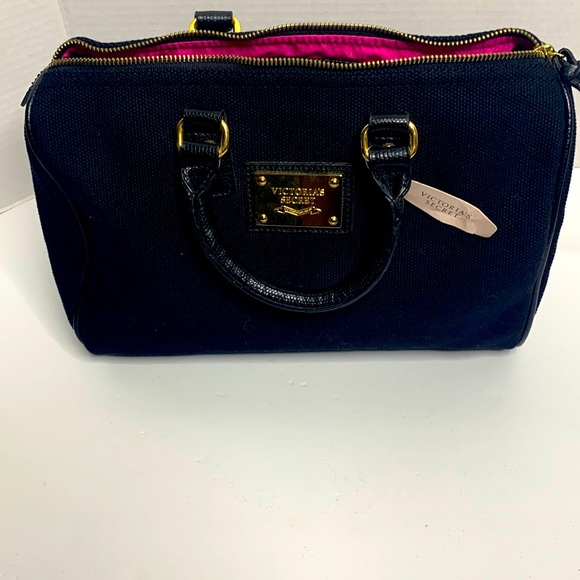 Victoria’s Secret | Black Canvas Heavy Pink Interior Gold Accented Carry Bag NWT - Picture 2 of 7